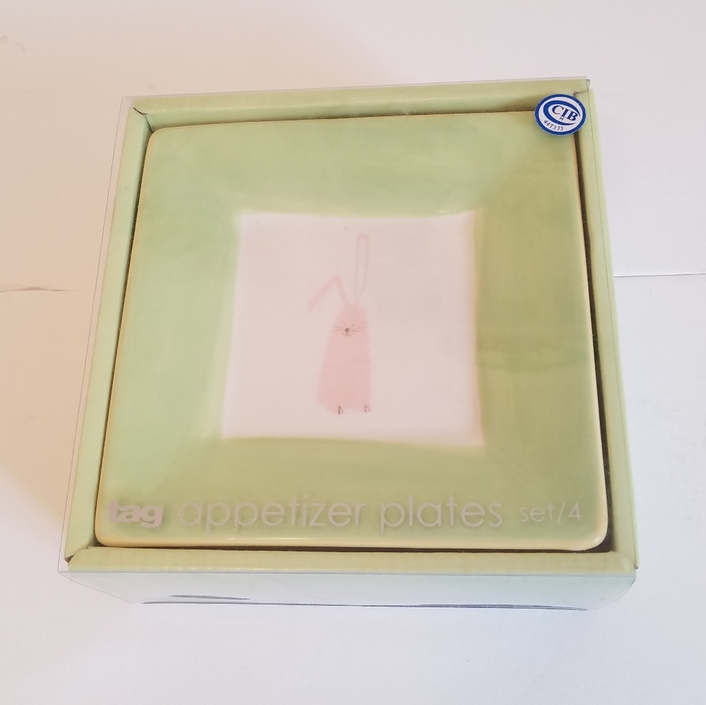 NIB Set of 4 Tag Spring Easter Bunny Appetizer Plates Square Green Yellow